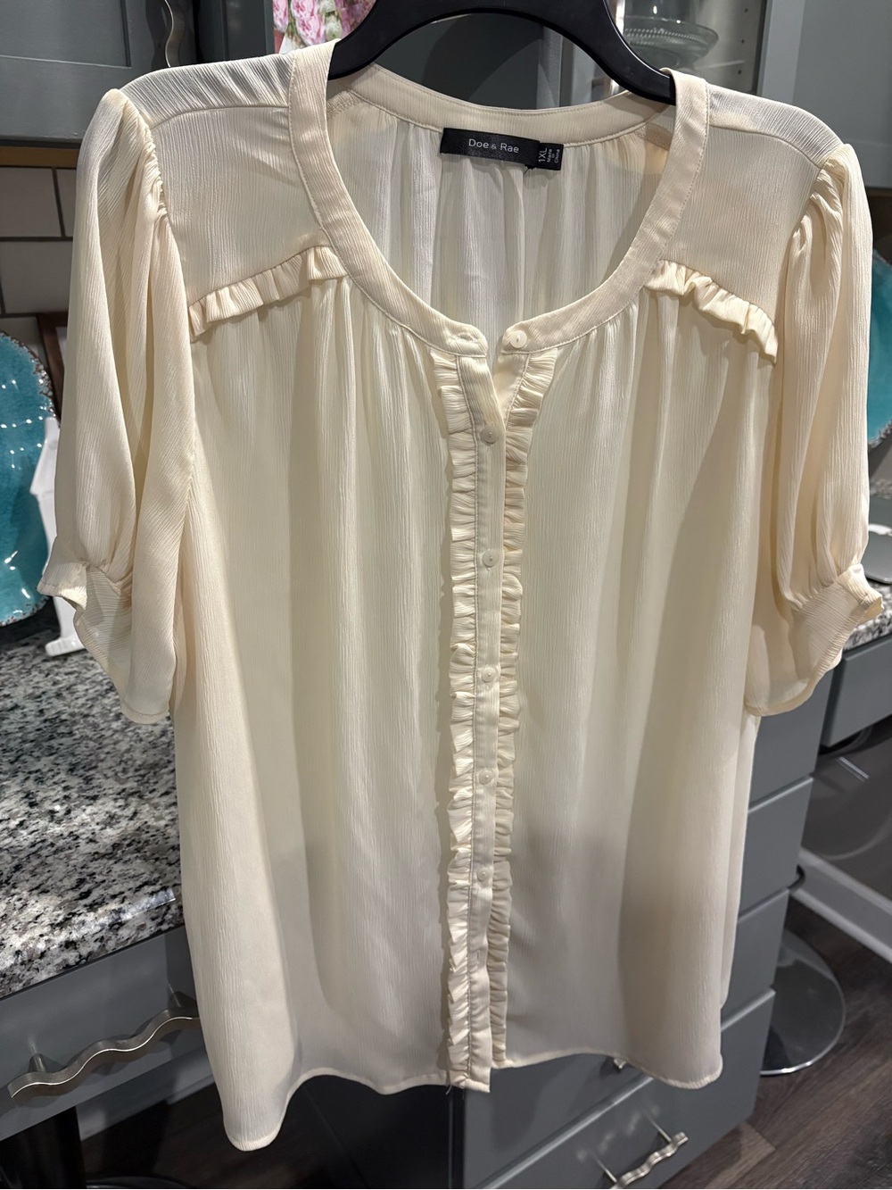 Doe & Rae Cream Ruffle-Trim Semi Sheer Women's Blouse